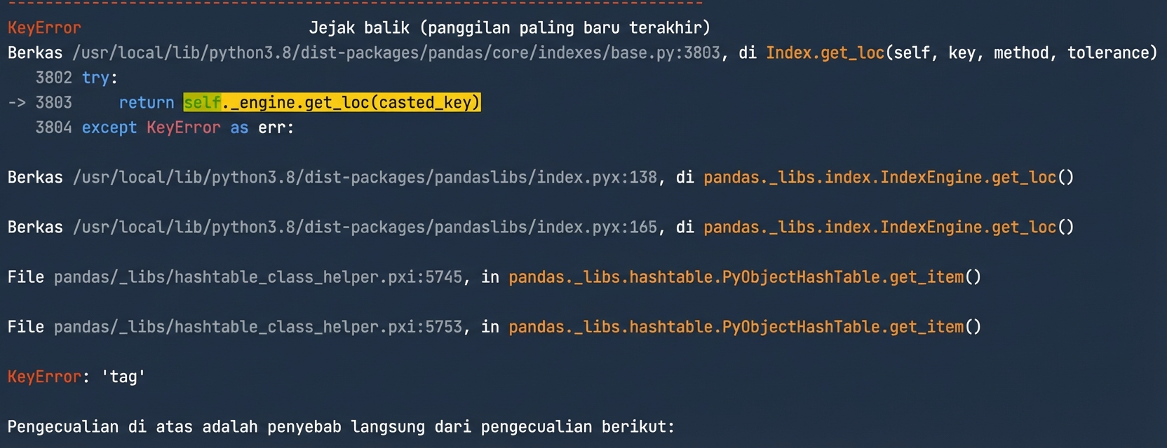 Traceback menampilkan file yang memicu error saat dieksekusi, beserta jenis error KeyError