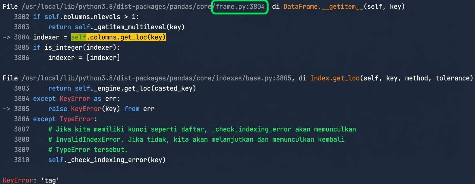 Traceback menampilkan kode yang sengaja melempar error