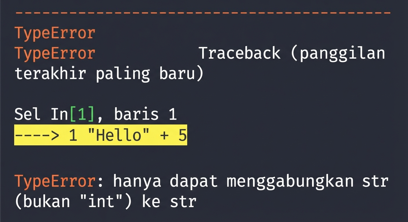 Output TypeError menunjukkan string dan integer tidak dapat digabungkan