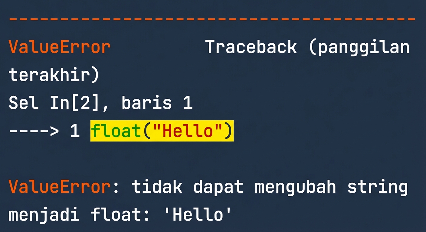 Output ValueError yang menegaskan string 'Hello' tidak dapat diubah ke float