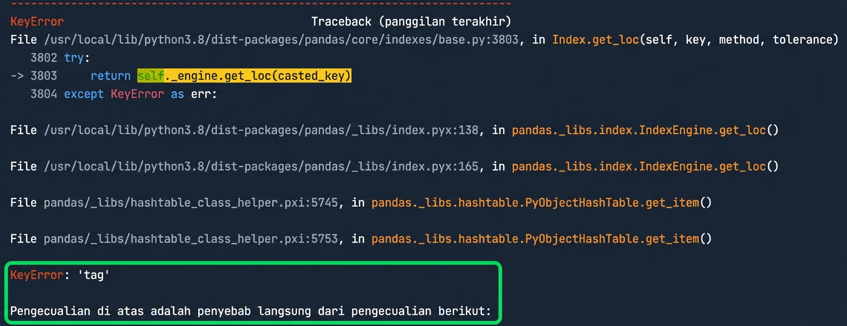 Traceback dengan KeyError disorot