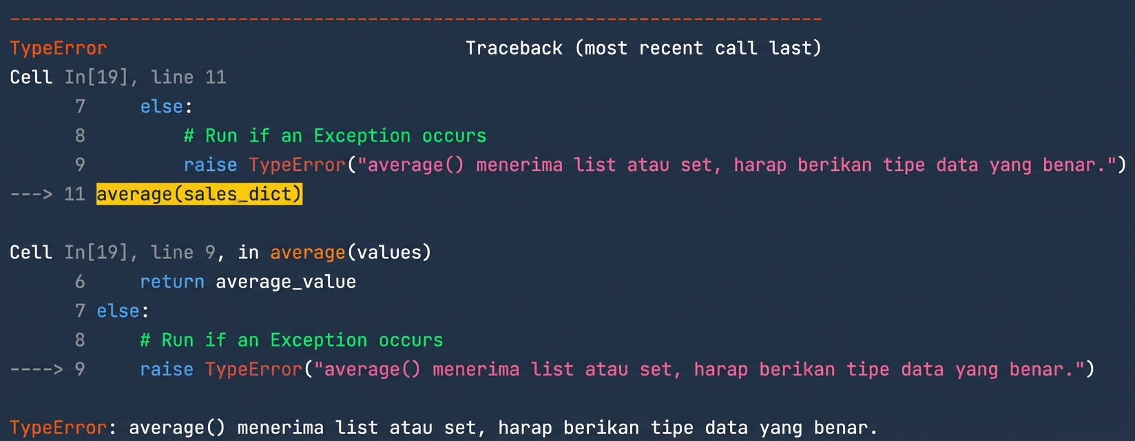 Output TypeError menampilkan pesan kustom untuk memberikan tipe data yang benar