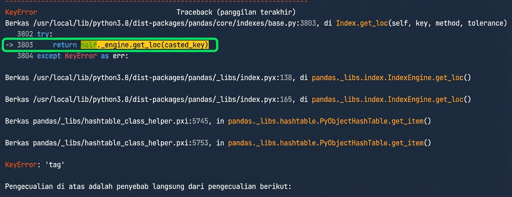 Traceback dengan baris 3803 disorot