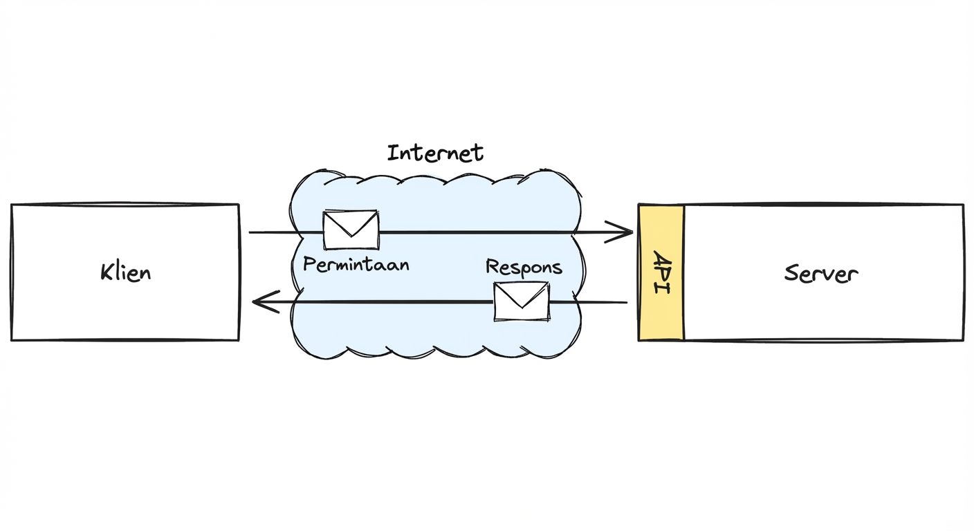 Diagram yang menunjukkan interaksi klien–server di internet melalui API, dengan pesan request dan response berlabel.