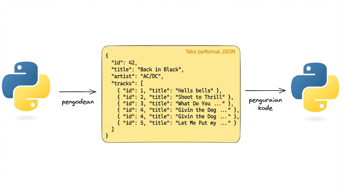 Representasi visual pengodean dan penguraian teks berformat JSON dengan Python. JSON memuat detail album "Back in Black" oleh AC/DC.