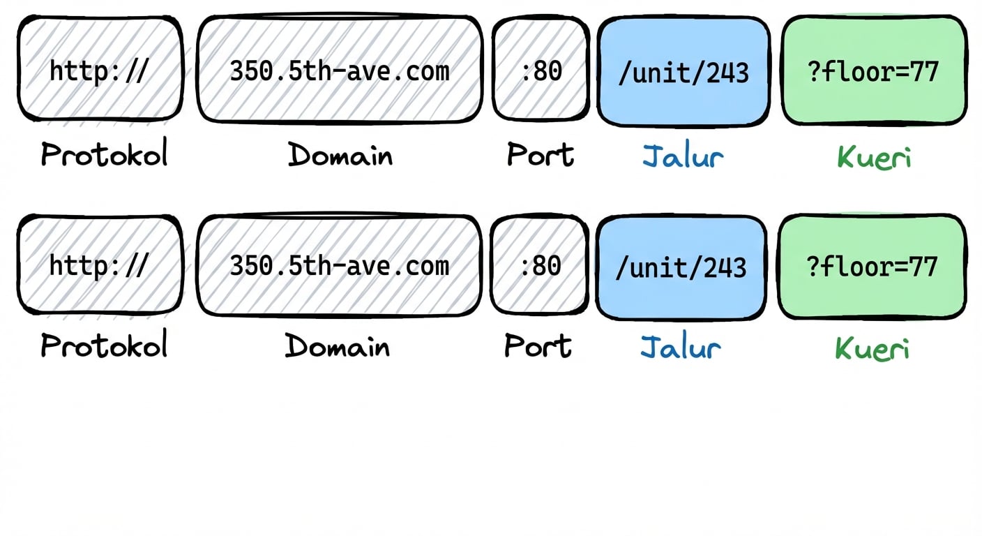 Diagram yang menunjukkan bagian URL: Protokol (http://), Domain (350.5th-ave.com), Port (:80), Path (/unit/243), dan Query (?floor=77).