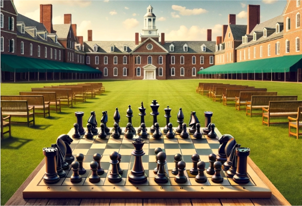 Gambar halaman rumput Dartmouth College dengan papan catur di atasnya