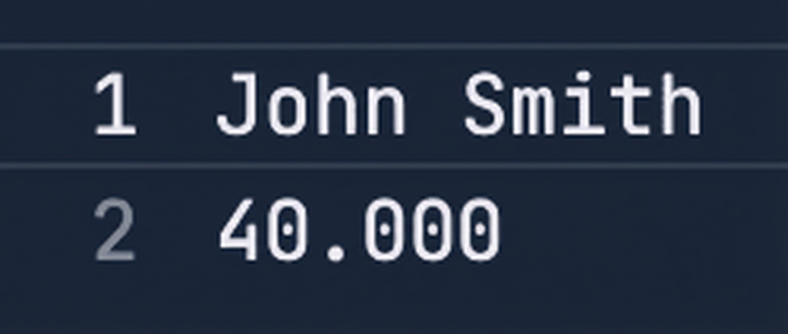 Berkas teks berisi nama John Smith dan gaji 40000