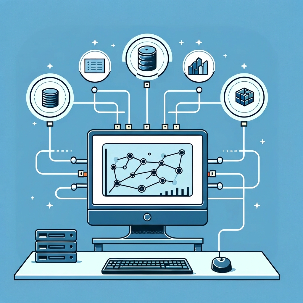 Gambar kartun komputer dengan banyak koneksi data masuk