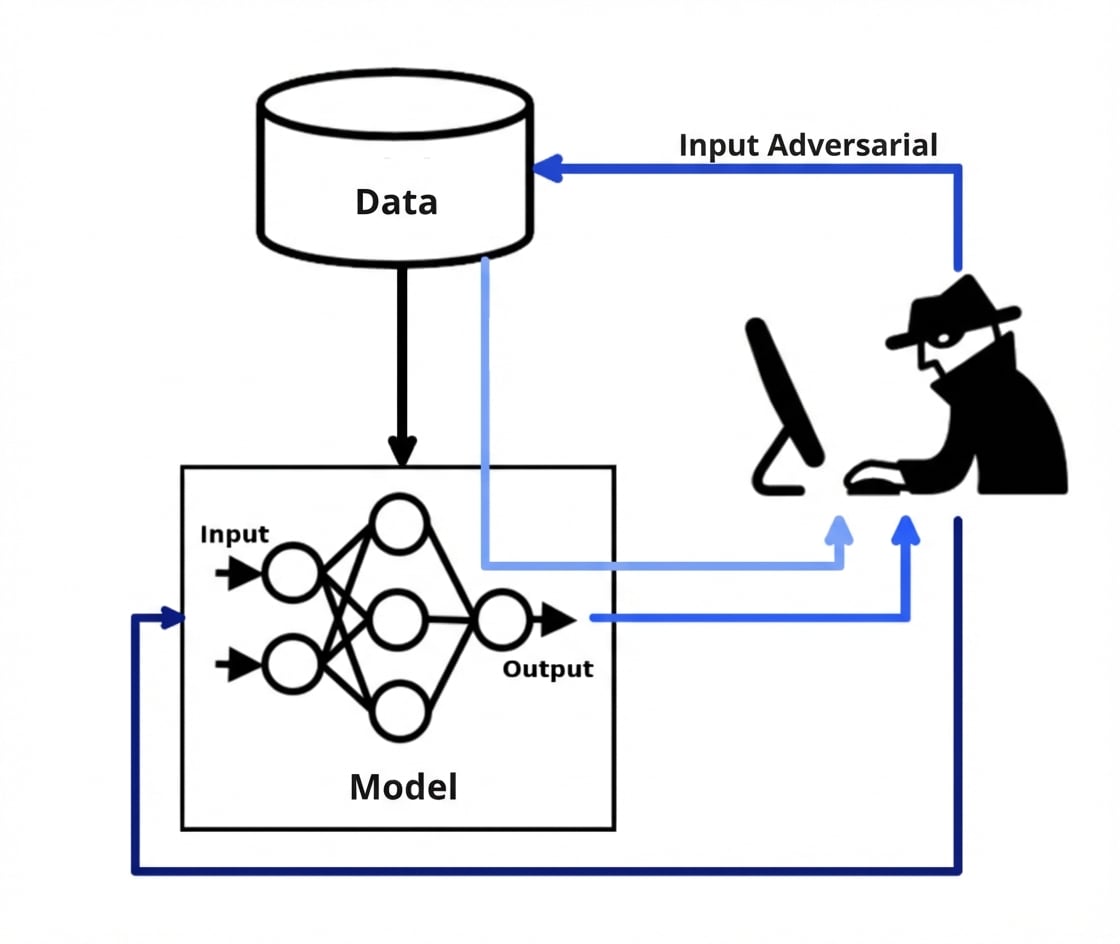 Diagram dengan programmer yang menyuntikkan input adversarial ke data dan model, serta model melakukan inferensi dari data