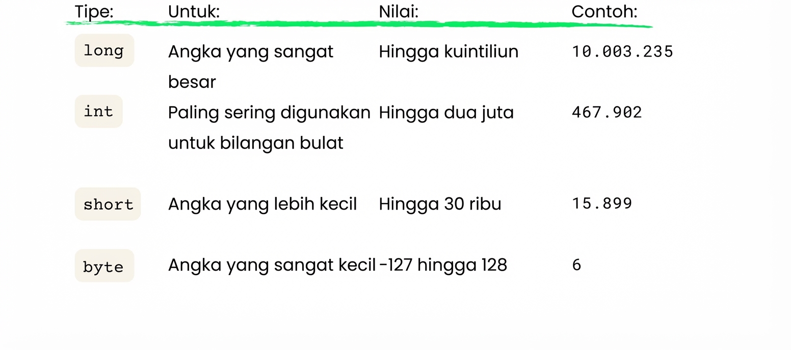 Tabel ringkas long (hingga kuintiliun), short (hingga 30000), dan byte (hingga 128)