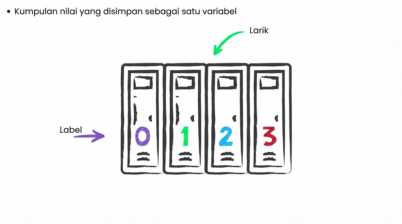 Array diilustrasikan sebagai deretan loker, tiap loker punya label nomor (indeks)