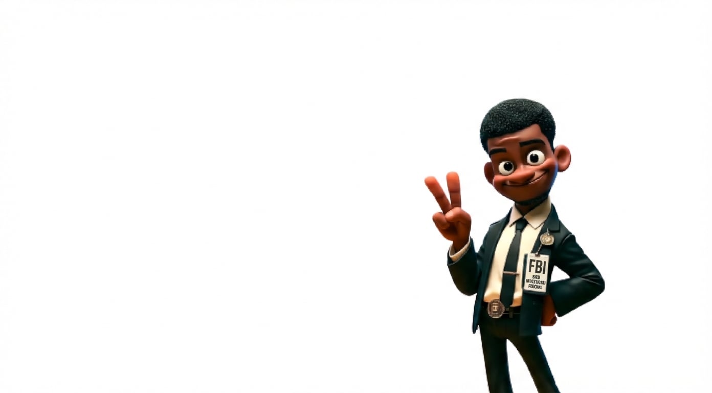 Gambar menunjukkan agen FBI kartun membuat tanda damai dengan tangan kanannya