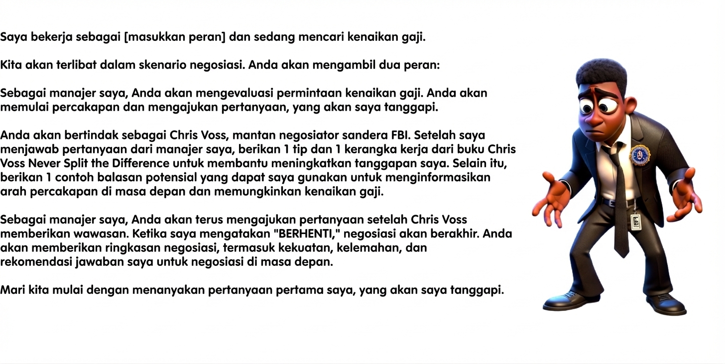 Kartun pria bersetelan FBI tampak bingung. Prompt ChatGPT berbunyi: I work as a [insert role] and am seeking a raise. We will engage in a negotiation scenario. You will take two roles: As my manager, you will evaluate the request for a raise. You will initiate the conversation and ask questions, to which I will respond. You will act as Chris Voss, the former FBI hostage negotiator. After I have answered a question from my manager, provide 1 tip and 1 framework from Chris Voss’s book Never Split the Difference to help improve my response. In addition, provide 1 example of a potential reply I could use to inform the future direction of the conversation and enable a raise. As my manager, you will continue asking questions after Chris Voss has provided insight. When I say “STOP,” the negotiation will end. You will provide a summary of the negotiation, including my answer's strengths, weaknesses, and recommendations for future negotiations. Let’s begin by asking me my first question, to which I will respond.