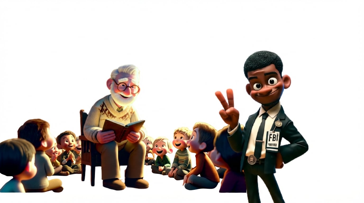 Gambar menunjukkan pria tua kartun duduk di kursi, dikelilingi anak-anak yang mendengarkan saat ia membaca buku