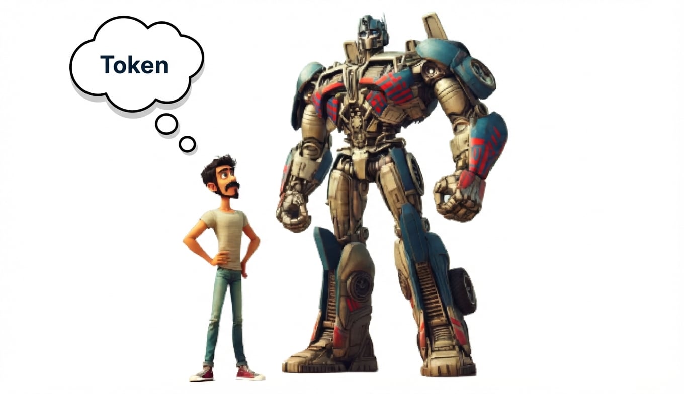 Ilustrasi pria melihat karakter mirip Transformer, membayangkan kata "Tokens"
