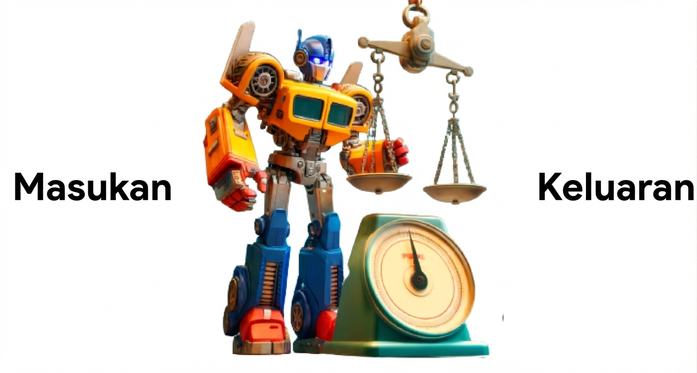 Karakter robot mirip Transformer di samping timbangan