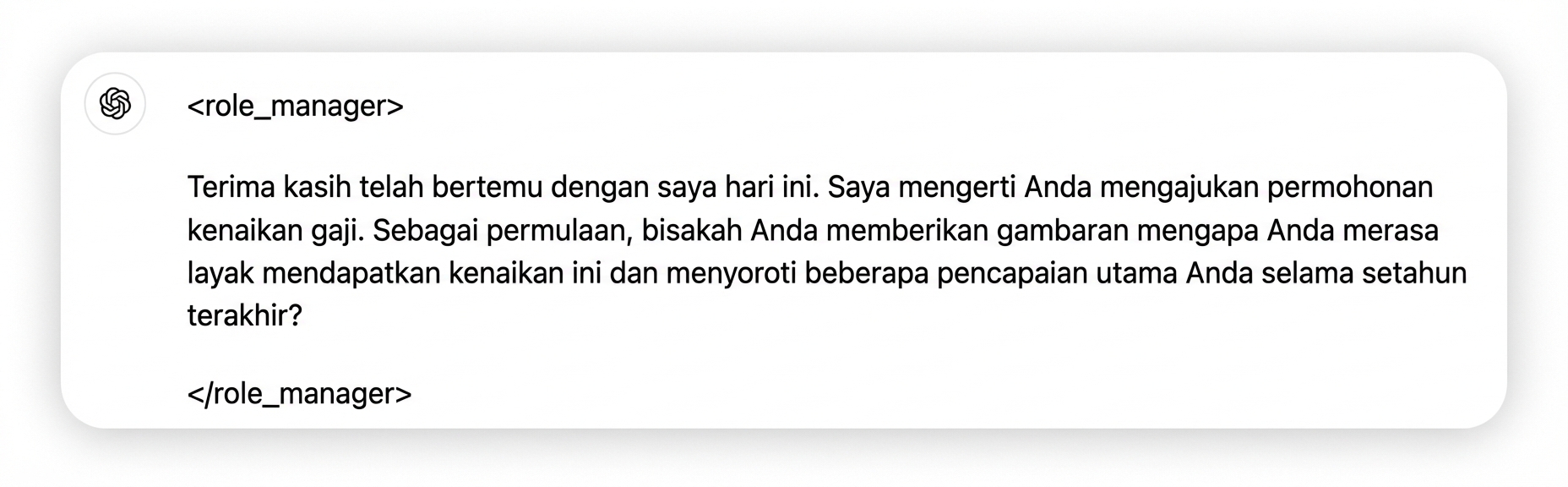 Gambar menampilkan pesan bergaya chat dari manajer peran. Pesannya: Terima kasih sudah bertemu hari ini. Saya paham Anda meminta kenaikan gaji. Untuk mulai, bisakah Anda jelaskan mengapa Anda layak mendapat kenaikan ini dan soroti beberapa capaian utama tahun lalu?