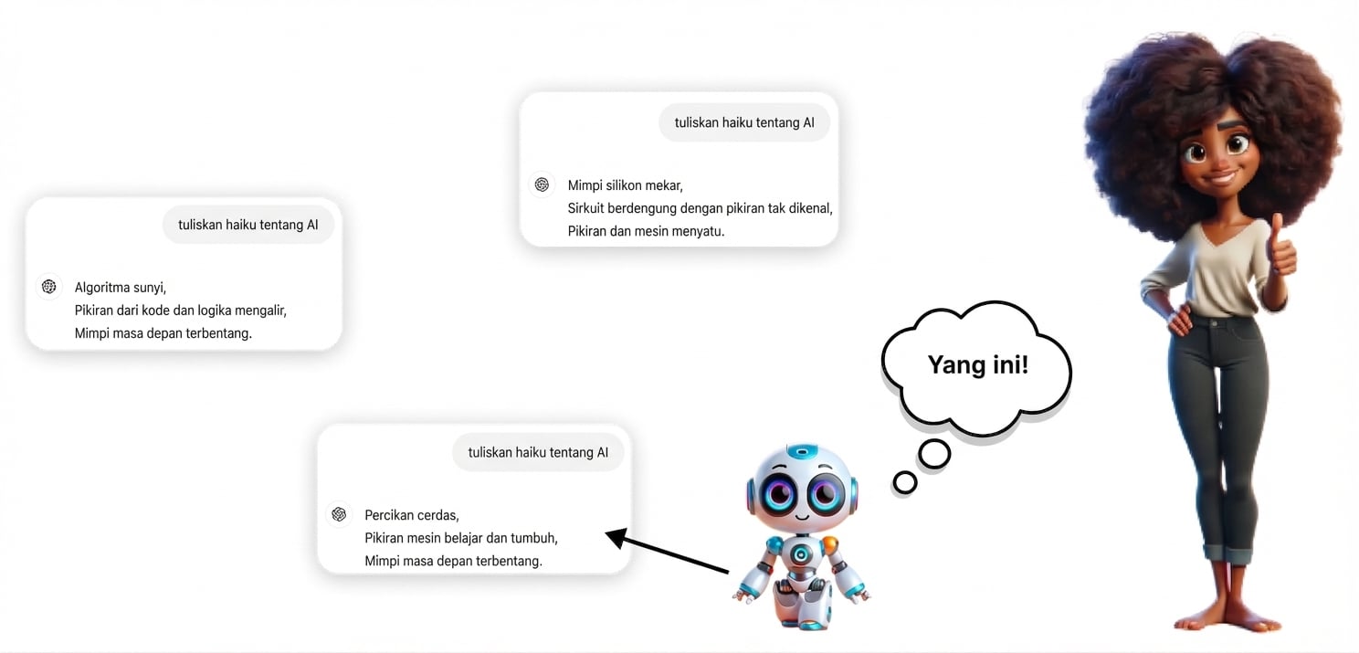 Ilustrasi wanita mengacungkan jempol di samping robot, dengan tiga haiku tentang AI pada layar. Wanita dan robot masing-masing punya gelembung pikiran bertuliskan 'Yang ini!'