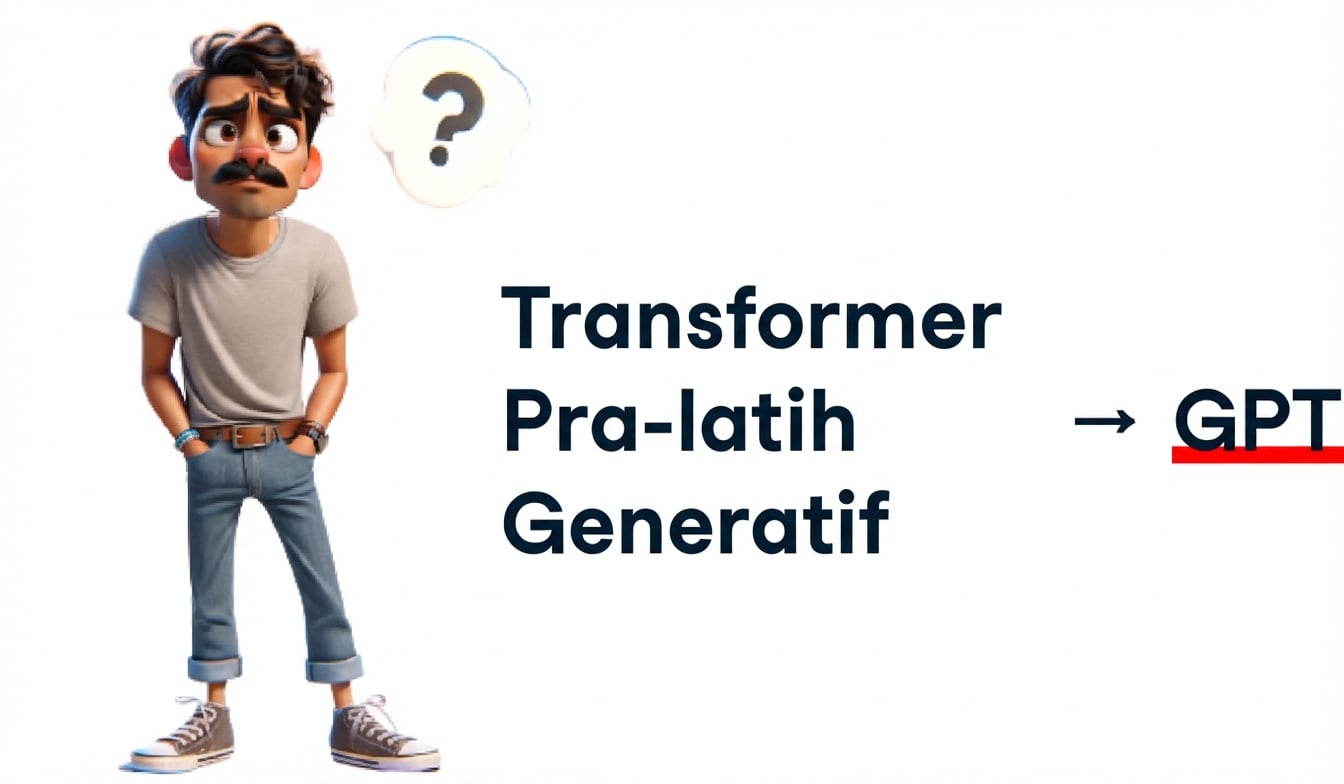 Ilustrasi menunjukkan pria bingung dengan tanda tanya di atas kepala. Di kanannya, teks 'Generative Pre-trained Transformer' ditampilkan, dengan panah ke 'GPT' yang dicetak tebal dan digarisbawahi