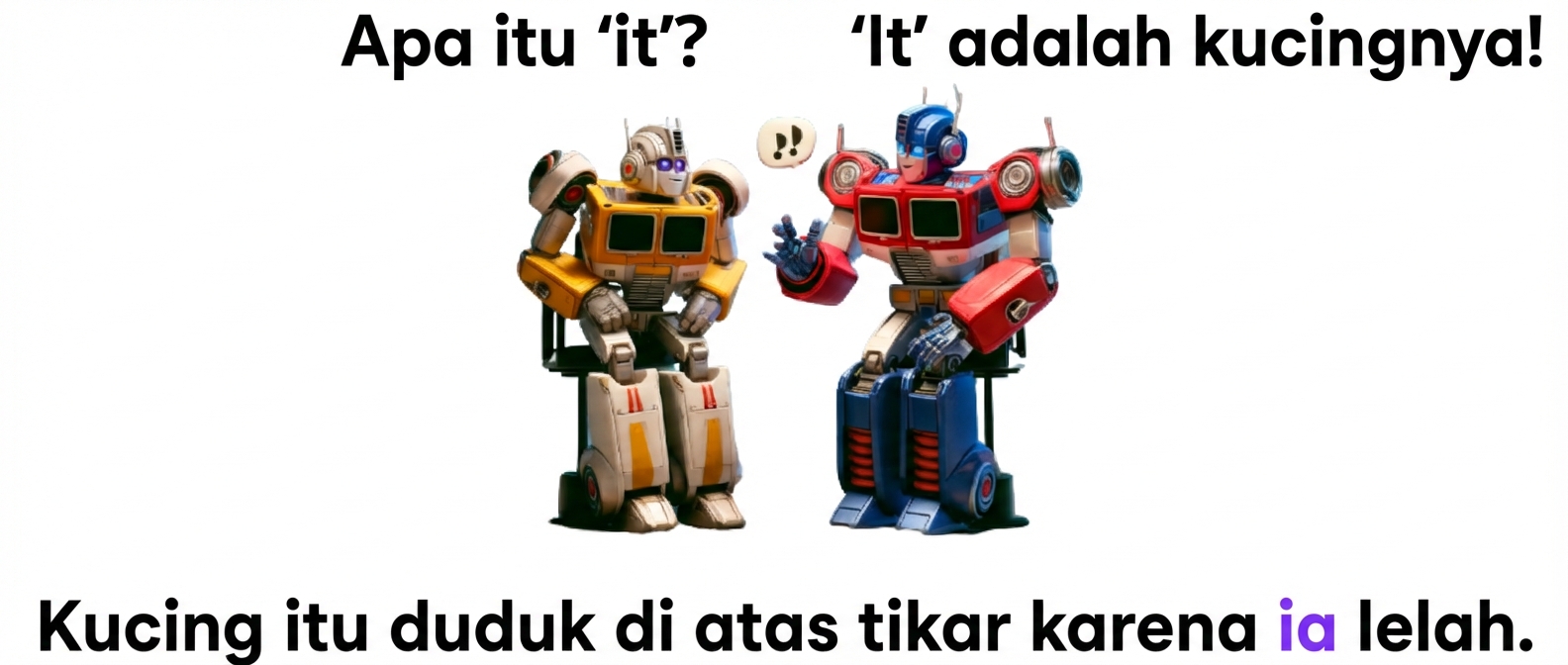 Gambar menunjukkan dua robot berwarna duduk berdampingan, robot kanan berisyarat seolah berbicara.
