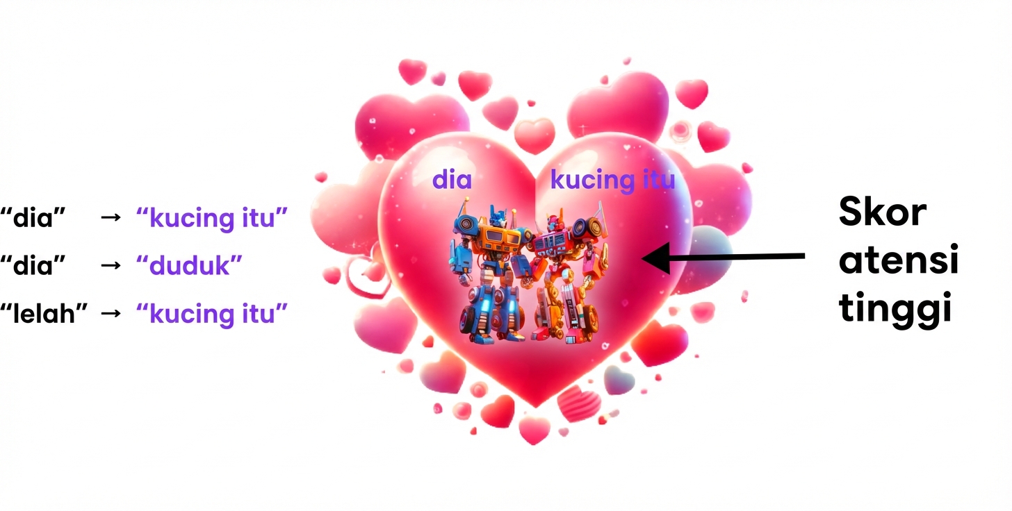 Gambar menampilkan dua robot berwarna-warni di dalam hati merah muda besar dengan hati kecil di sekitarnya. Robot kiri berlabel "it" dan robot kanan berlabel "the cat." Di kiri hati, tiga potongan teks ditampilkan vertikal: "the cat," "sat," dan "the cat," semuanya berwarna biru