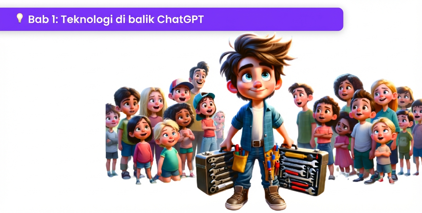 Ilustrasi seseorang memegang alat, di antara kerumunan pengagum