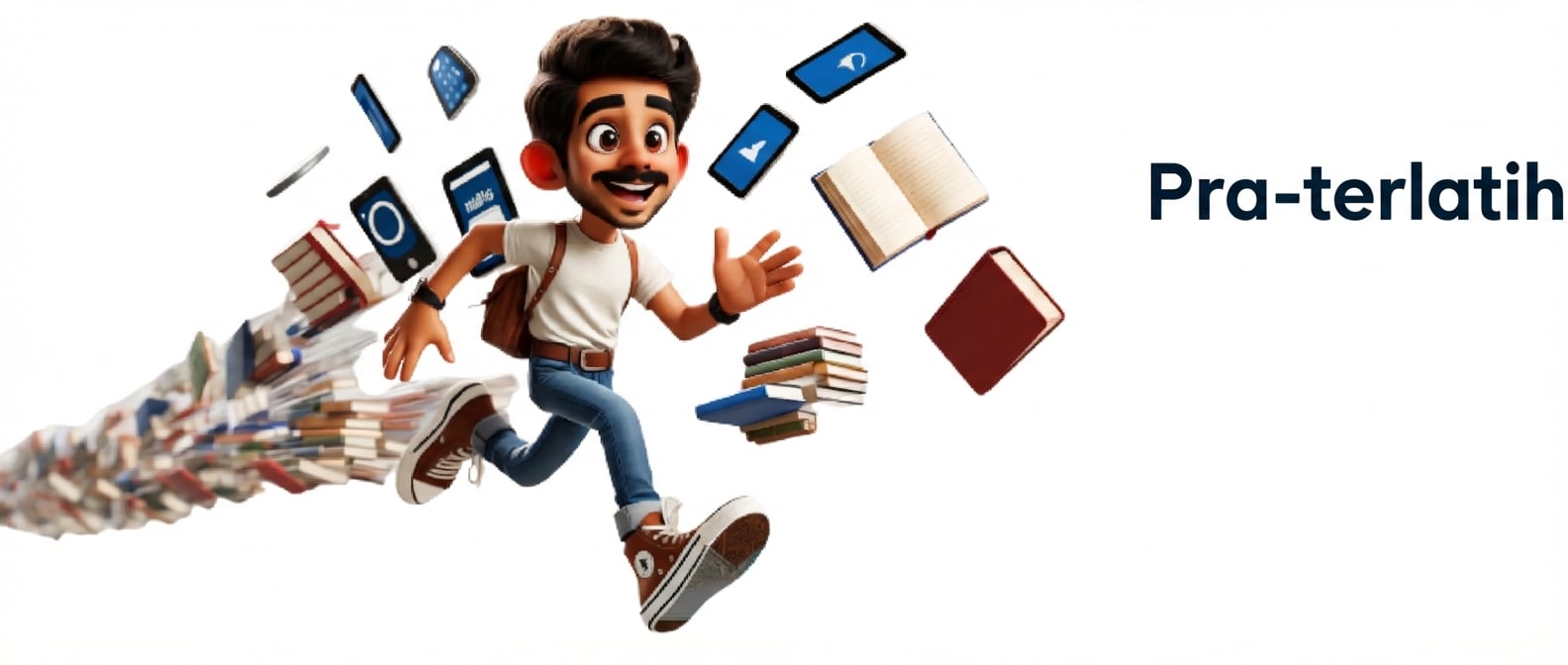 Ilustrasi pria berlari dengan buku dan perangkat elektronik mengikutinya, dengan kata 'Pre-trained' di kanan