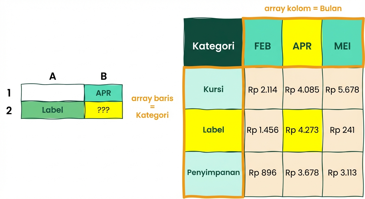 Tabel Excel dengan 5 kolom dan 4 baris untuk ilustrasi penggunaan INDEX dan MATCH
