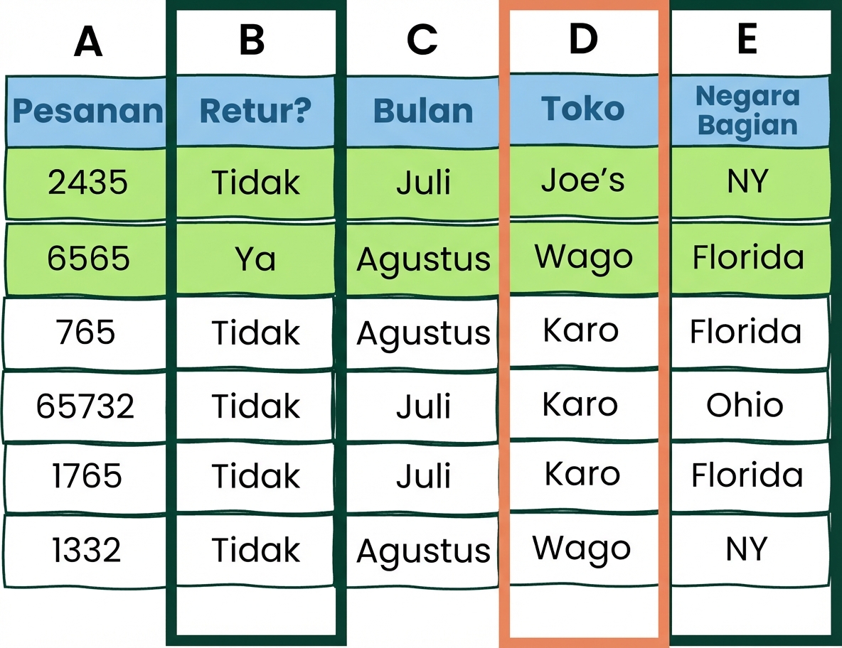 Contoh tabel Excel dengan dua kondisi AND dan satu OR
