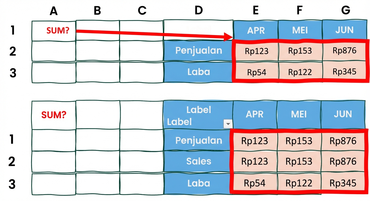 Tabel dengan dua baris dan dua kolom untuk menggambarkan array yang dijumlahkan
