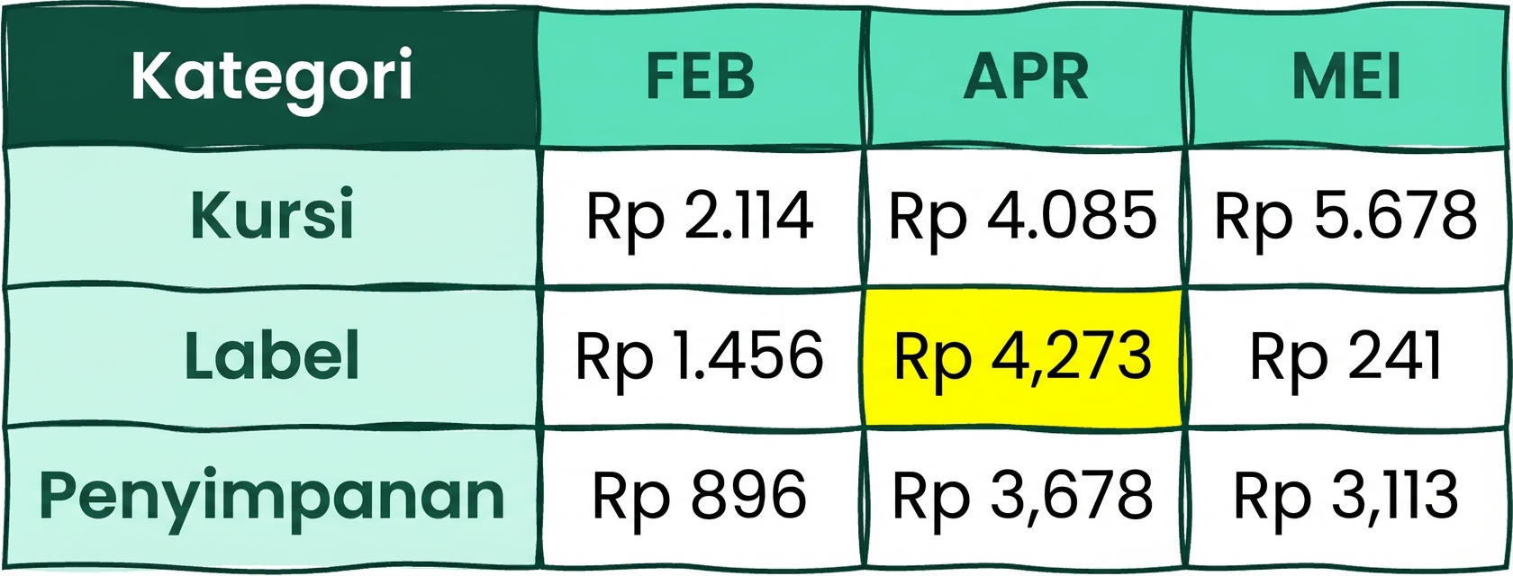 Tabel dengan berbagai baris dan kolom, satu sel disorot kuning