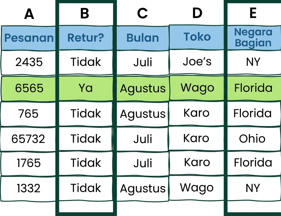 Contoh tabel Excel dengan dua kondisi AND