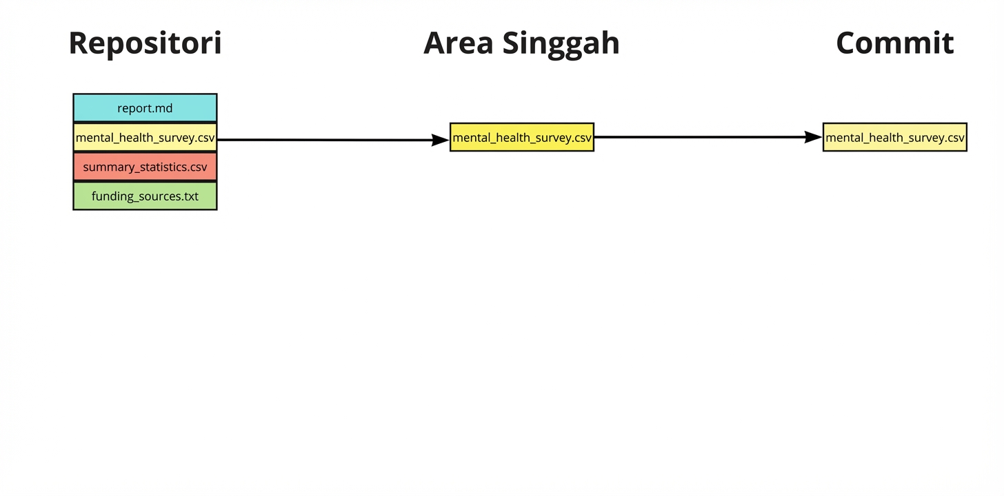 Empat berkas di repo, tiga ditambahkan ke staging area dan satu di-commit: report.md, mental health survey.csv, dan summary statistics.csv