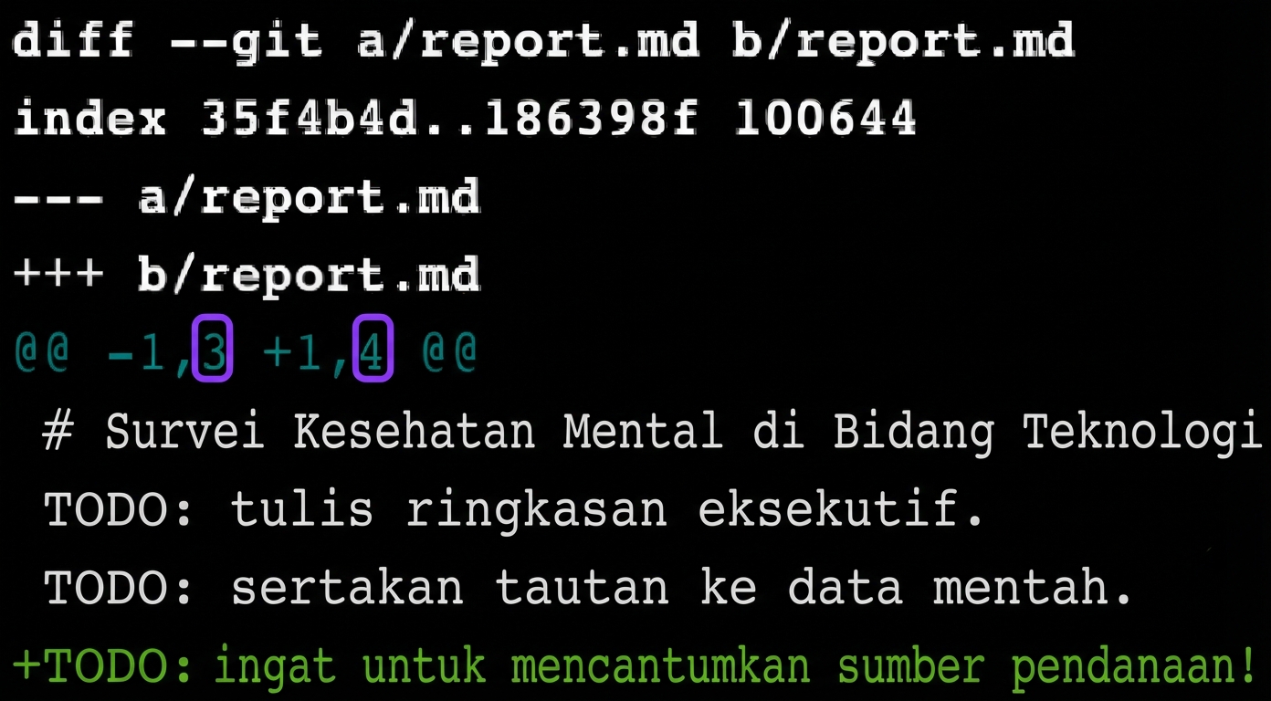 output git diff untuk commit pertama dan ketiga terbaru - menunjukkan versi terbaru memiliki satu baris tambahan
