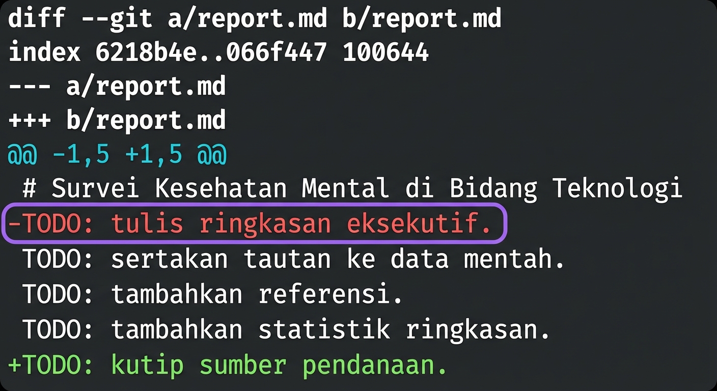 output git diff diberi anotasi dengan panah ke baris kelima berisi "@@ -1, 5 +1, 5 @@", merepresentasikan baris awal dan akhir dari dua versi
