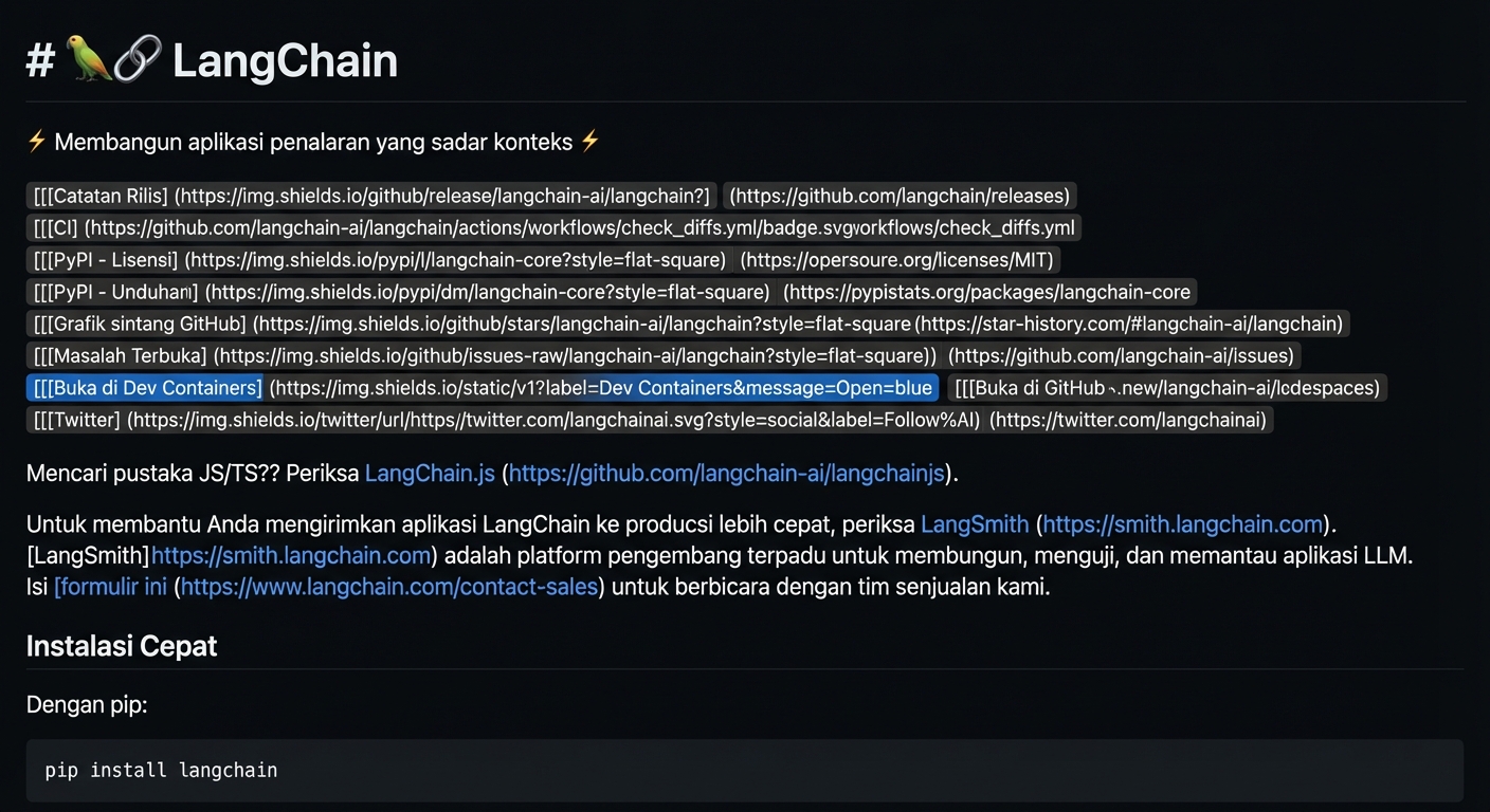 Markdown mentah yang digunakan untuk membuat berkas README di repositori GitHub LangChain.