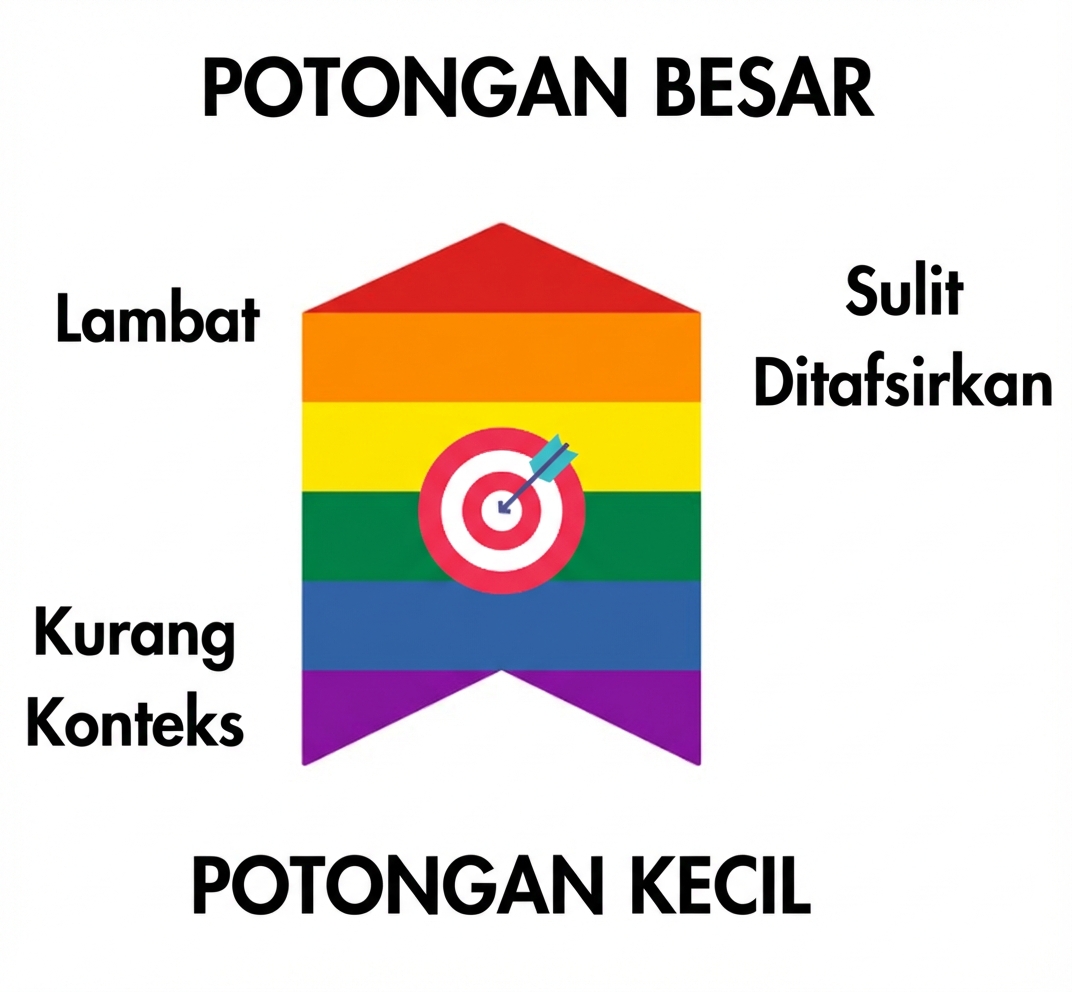 Sebuah panah menunjukkan ukuran chunk ideal berada di tengah; chunk besar lambat diambil dan sulit ditafsirkan, sedangkan chunk kecil kekurangan konteks.