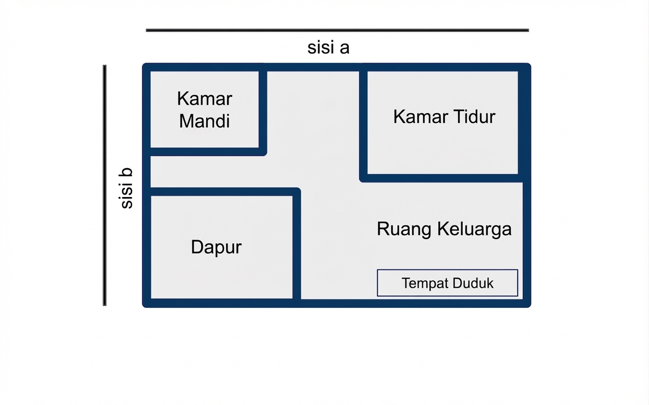 Denah studio persegi panjang dengan panjang dan lebar bertanda "side a" dan "side b".