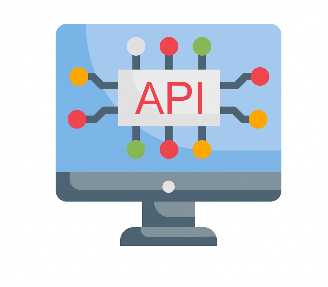 Monitor desktop dengan gambar mikrochip di tengah bertuliskan "API".