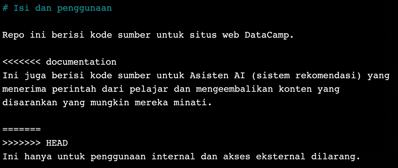 file README menampilkan bagian konflik di nano