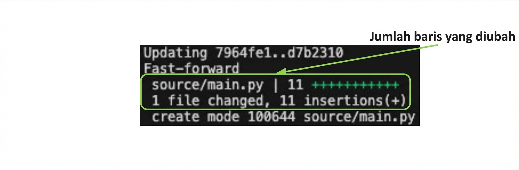 git_merge_output dengan sorotan pada jumlah baris yang berubah
