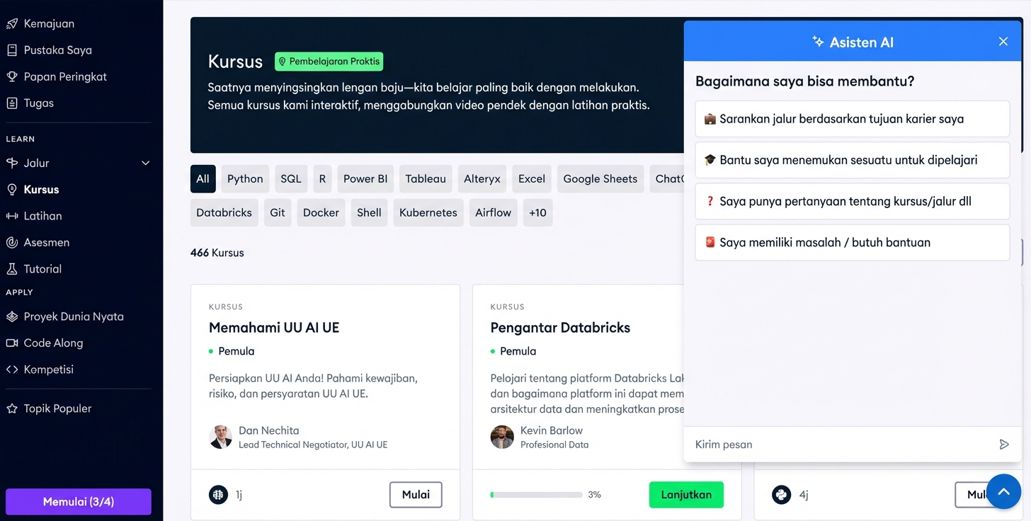 Halaman kursus DataCamp dengan AI Assistant
