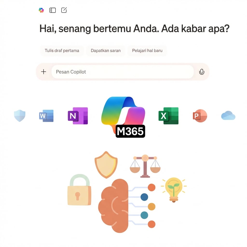 Ikon obrolan Copilot dan ikon Copilot 365, serta representasi ikon AI yang bertanggung jawab