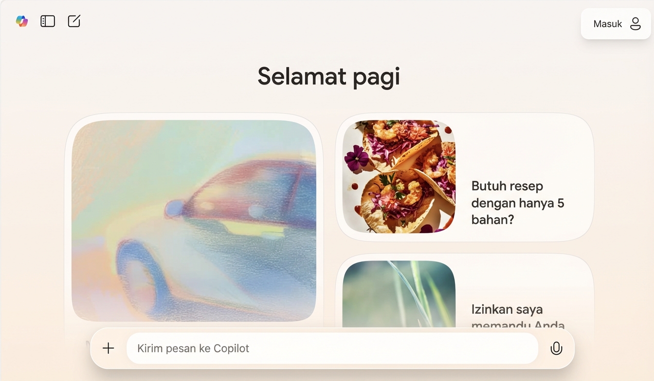 Gambar yang menampilkan antarmuka web Copilot. Ada gambar-gambar dengan prompt tepat di bawahnya yang disusun secara berurutan.