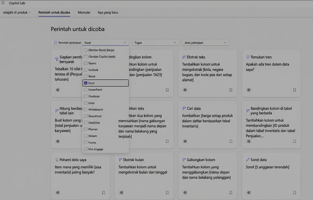 Serangkaian prompt yang disarankan dari Copilot Lab, dengan filter dropdown.