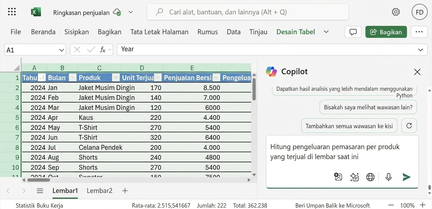 Dokumen Excel yang terbuka menampilkan data produk pakaian dan obrolan Copilot yang terbuka di sampingnya, menampilkan pengguna membuat prompt yang meminta untuk menghitung rata-rata pengeluaran pemasaran per produk pada lembar kerja saat ini