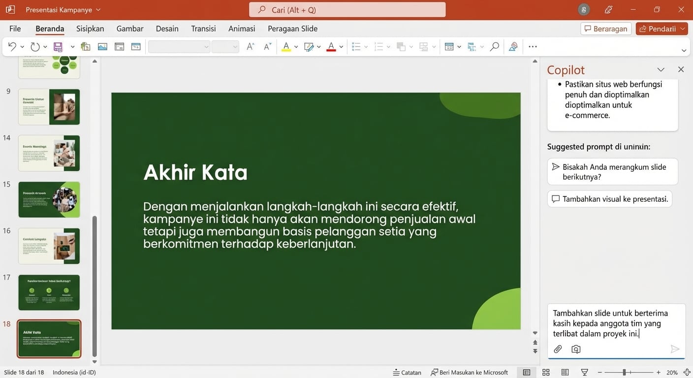 Slide PowerPoint dengan obrolan Copilot terbuka menampilkan percakapan dengan pengguna yang meminta untuk menambahkan slide lain.