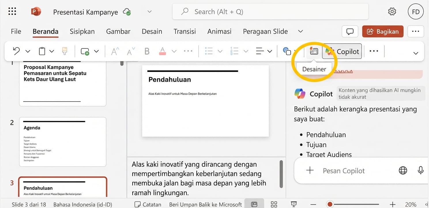 Tangkapan layar presentasi PowerPoint, dengan Designer disorot