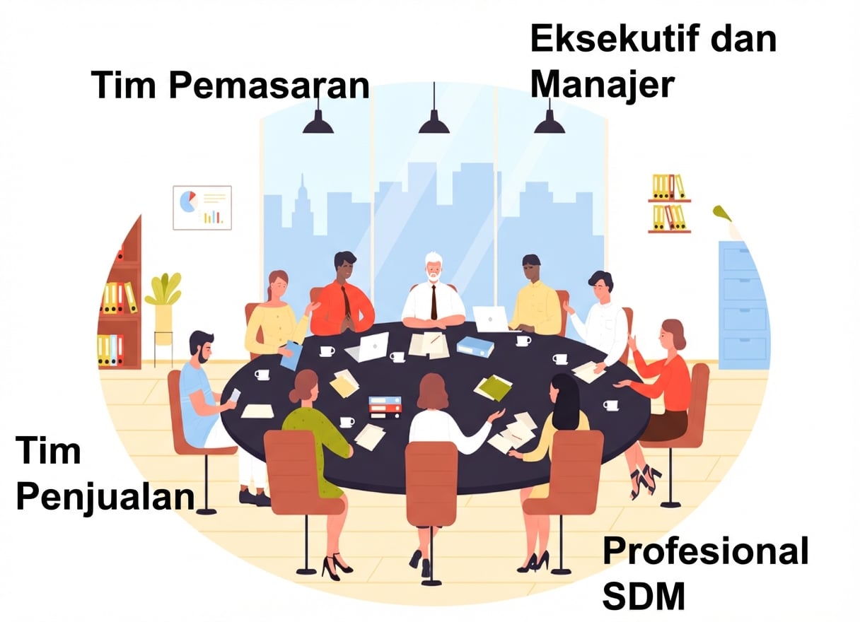 Ilustrasi sekelompok profesional yang beragam, termasuk pemasaran, penjualan, profesional HR, dan eksekutif, duduk di sekitar meja konferensi besar di ruang rapat.